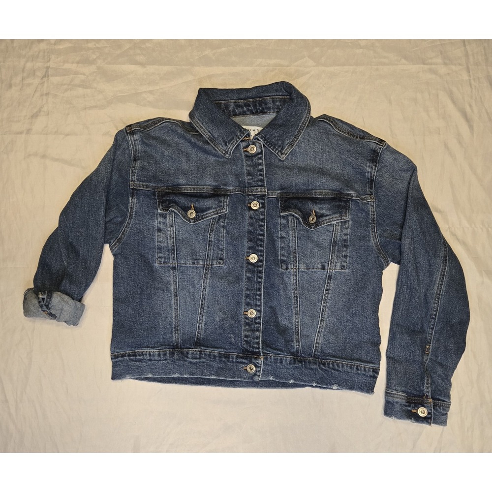 And Now This Denim Jean Jacket Cropped Distressed Trim Womens Medium Cotton Blue